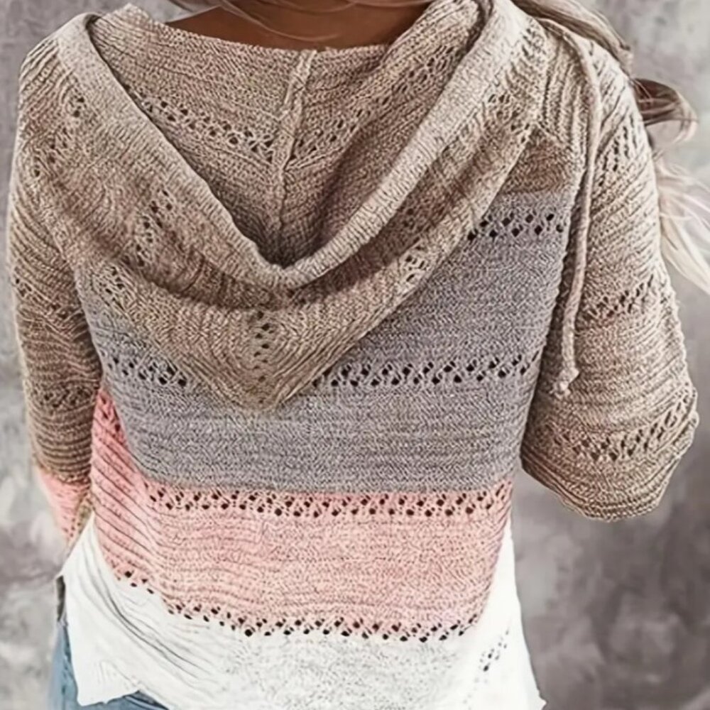 Large - Women's Color block, Hollow Out Long Sleeve, Lace Up Casual Hoodie - Picture 2 of 4